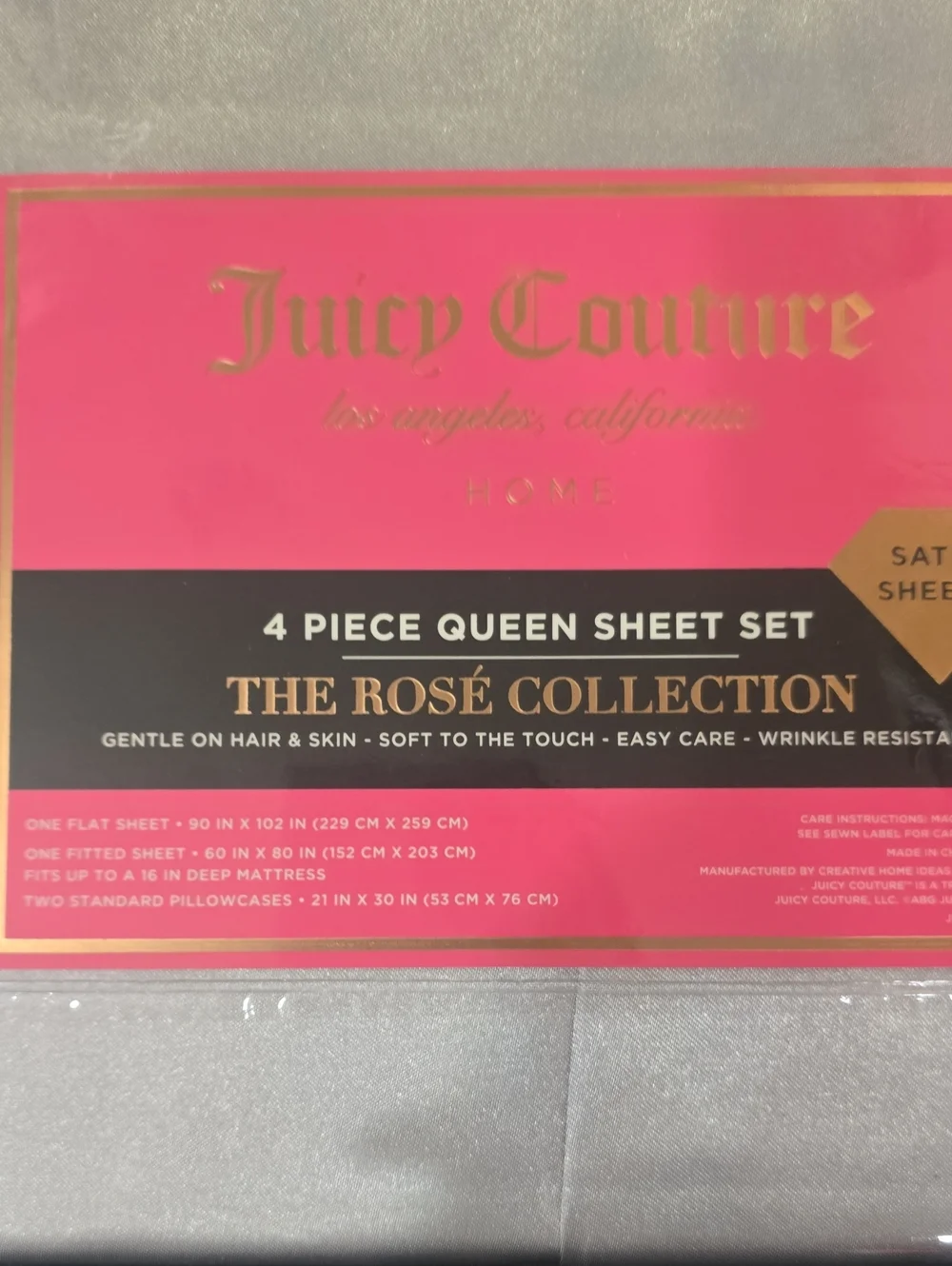 Juicy Couture Home The Rose Collection 4-PC Satin Queen Sheet Set- Silver Wister